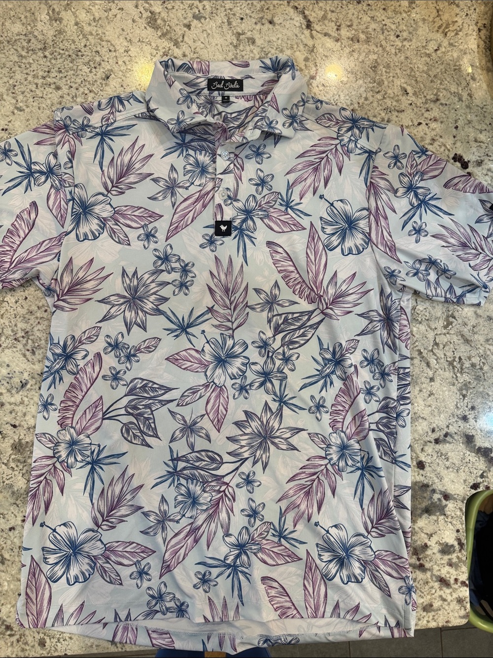 Bad Birdie Light Blue Polo with Purple and Blue Floral Print